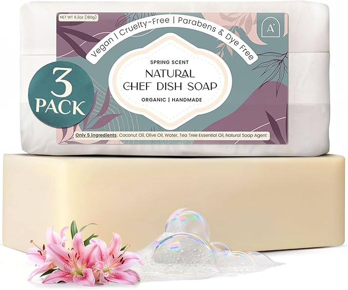 All Natural Dish Soap Bars - Bar Soap for Dishes, Biodegradeable Dish Soap Block, Kitchen Soap, All Natural Non Toxic, Low Waste Kitchen Dishwashing Bar Soap-Spring Scent (3 Pack, 6.3oz)