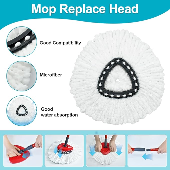 Spin Mop Replace Head, Base, Mop Handle Replacement for OCedar EasyWring 1 Tank System - Include 2 Microfiber Refills, 4-Section Sturdy Iron 30-58in Handle, Head Cover and Scrubber