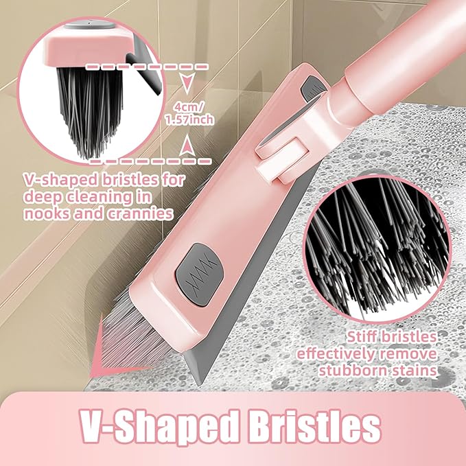 Floor Scrub Brush with Long Handle 58'’ Telescopic Handle 2 in 1 Scrape Brush, V-Shaped Corner Stiff Bristle Floor Scrubber with Squeegee for Cleaning Shower Bathroom Garage Kitchen Wall Tub Deck Tile