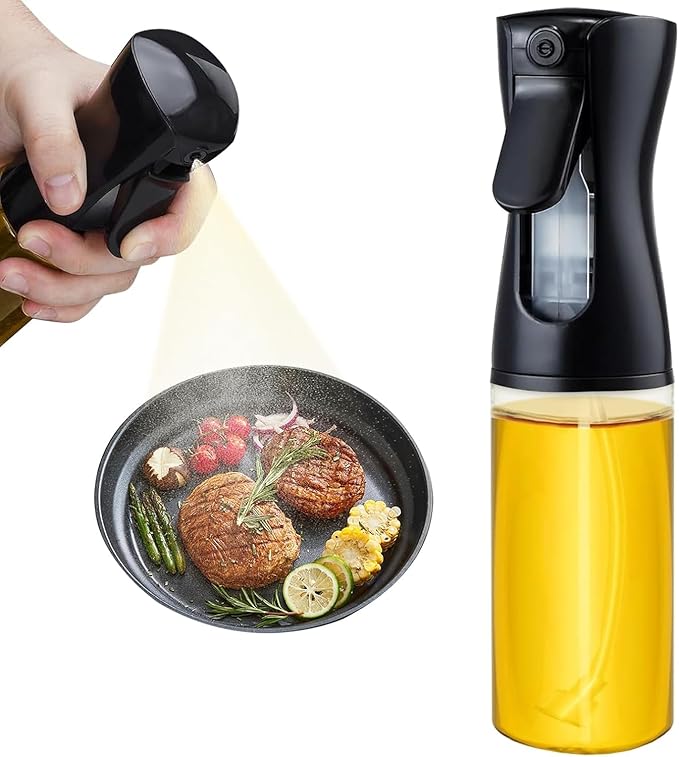 Oil Sprayer for Cooking, Oil Spray Bottle with Brush, Glass Oil Sprayer, 200ML Oil Dispenser for Kitchen, Continuous Oil Spray Bottle with Portion Control for Air Fryer, Salad, BBQ, White (Black)