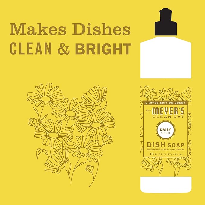 MRS. MEYER'S CLEAN DAY Liquid Dish Soap, Daisy Scent, 16 Ounce Bottle (Pack of 3)