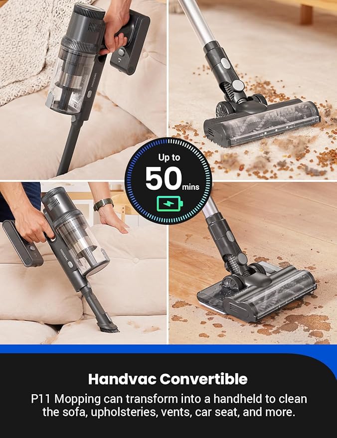 Proscenic Cordless Vacuum Cleaner, Wet/Dry Mop Combo, 45Kpa Suction, 50Mins Runtime, Silver