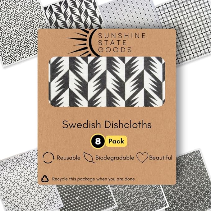 Swedish Dishcloths - Ecofriendly Reusable Paper Towels, Biodegradable Dish Cloths - Cellulose Sponge Dish Cloths for Washing Dishes - 8 Pack (Black & White)
