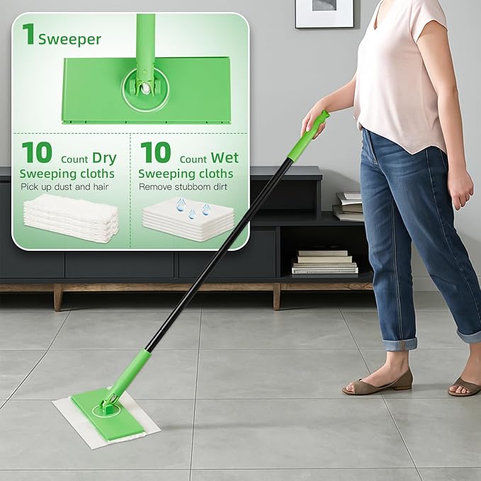 Newly Upgraded 2-in-1 Dry & Wet Sweeper Floor Mopping and Sweeping Kit with 20PCS Sweeping Cloths and 1 Sweeper, Multi-Surface Kit for Floor Cleaning