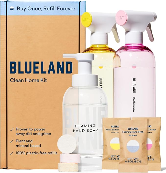BLUELAND Clean Home Kit, 3 Reusable Bottles with 3 Tablets, Makes 1 Bottle Each of Foaming Hand Soap, Multi-surface Cleaner, Bathroom Cleaner