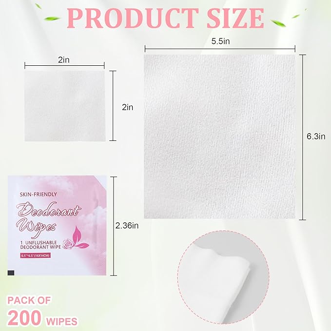 200Pcs Travel Deodorant Wipes, Travel Size Mini Deodorant Wipes Bulk for Homeless, Individually Wrapped Body Cleaning Supplies for Women Wet Armpit for Body Cleaning Rose