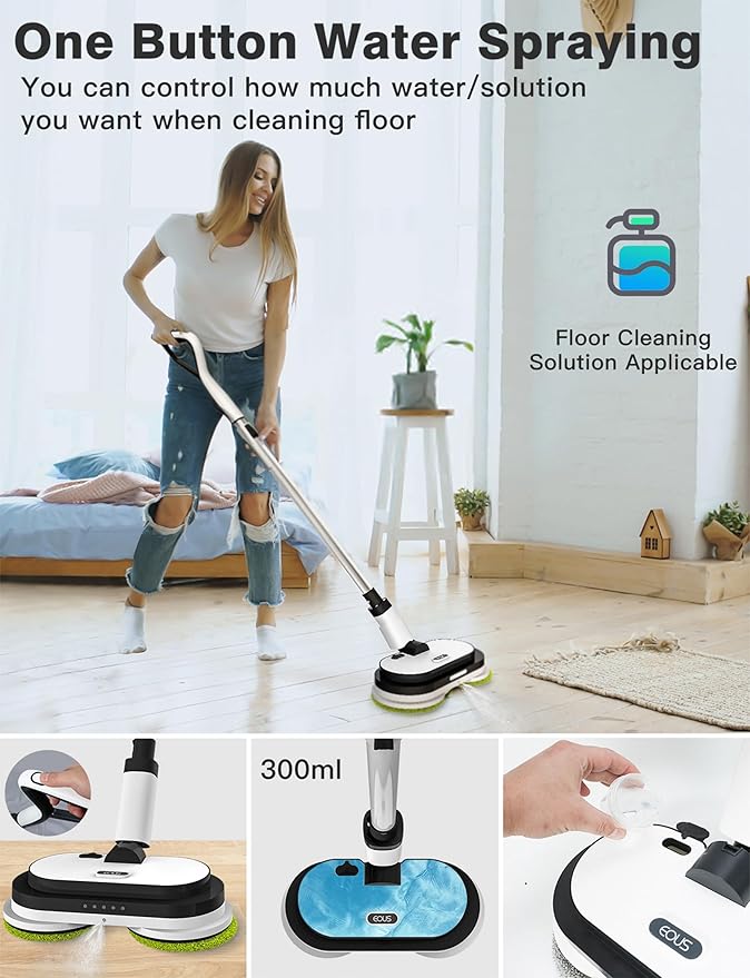 EOUS Cordless Electric Mop, Floor Cleaner with LED Headlight & Water Sprayer, Up to 60 Mins Detachable Battery, Dual-Motor Powerful Spin Mop, 300ML Water Tank for Multi-Surface, Self-Propelled