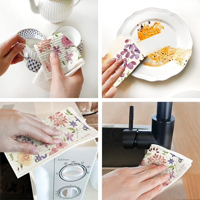 Morigins Floral Swedish Dish Cloths - 6 Pack Reusable Compostable Kitchen Cloth,Cellulose Sponge Dish Cloths Dish Towel Set