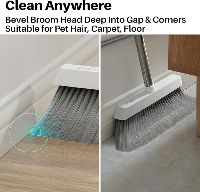 JOYMOOP Broom and Dustpan Set, Upright Standing Brooms for Sweeping Indoor, Light Weight Stainless Steel can be Hung on The Wall, Suitable for Pet Hair, Carpet, Floor