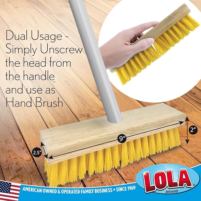 Lola Products Deck Scrub Brush Broom, 9" x 3.5" Wide, Durable Bristles Remove Dirt, Grime, Grout, Leaves, Snow on Patios, Decks, Wet or Dry, 1 Count