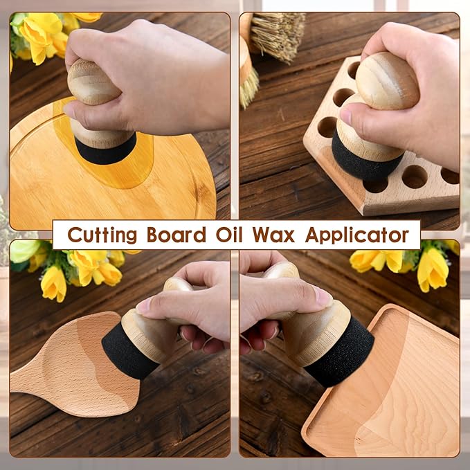 3 Pcs Cutting Board Oil Wax Applicator and Scrub Brush Set Natural Bamboo Wood Applicator for Mineral Oil Boards, Wooden Butcher Blocks, Spatulas, Spoons, Wooden Worktops, Utensil Care