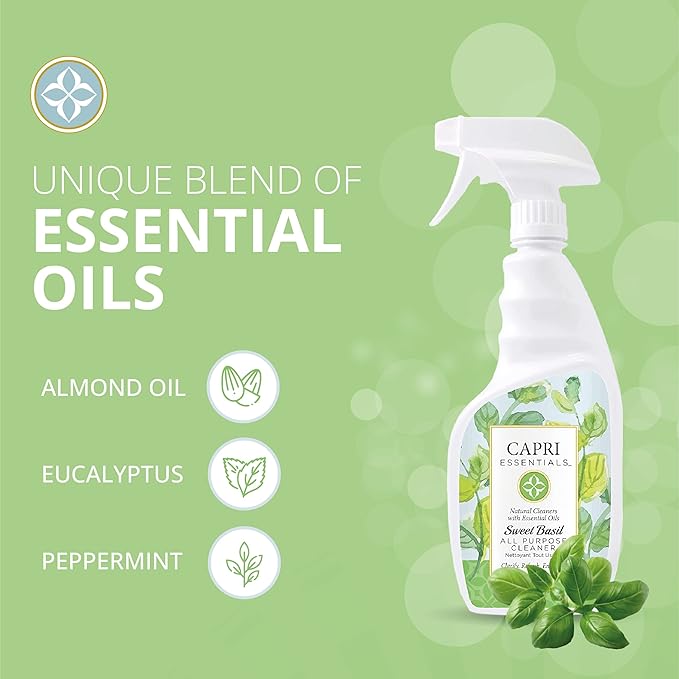 Sweet Basil All Purpose Cleaner Spray – Essential Oils Surface & Glass Cleaner – Herbal Scented Household Cleaning Supplies – All Natural Cleaning Products (23 oz)