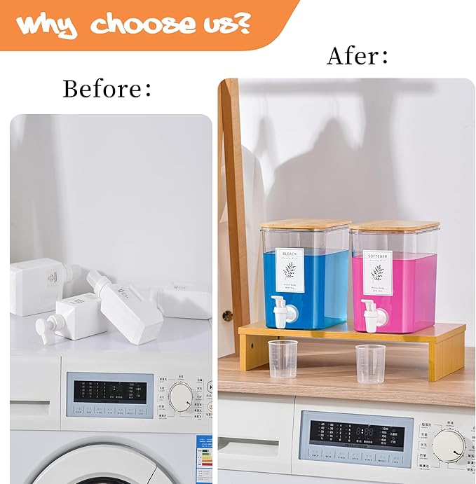 Liquid Laundry Detergent Dispenser Set with Shelf and Bamboo Lids for Laundry Room Organization and Storage - 2 Pack 90 oz Laundry Containers for Laundry Soap, Fabric Softener