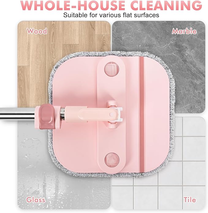 Upgraded Spin Mop and Bucket System Set, Self Separate Clean and Dirty Water, Foldable Square Standing Mop Head with Microfiber Mop Pads, Detachable Bucket (Pink, Mop Set with 6PC Pads)