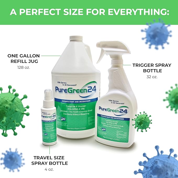 PureGreen24 Safe & Effective Disinfectant. Kills Deadly Germs including RSV COVID-19 Norovirus MRSA Staph 2025 flu Contains no toxic chemicals odorless child & pet safe 4 gallon bottles ready to use