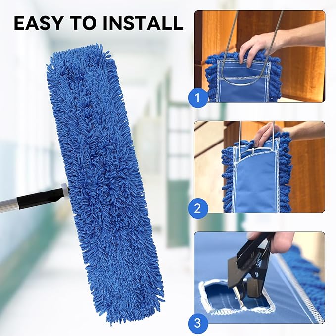 36 Inch Dust Mop Head: Replacement Medium Washable Commercial Mop Head - Sweeper and Janitorial Dust Mop Head Replacement Blue (Blue - 36 Inch, 6 Pack)