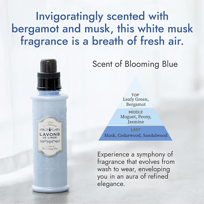 Natural Fabric Conditioner for Sensitive Skin, Plant-Based Laundry Softener for Baby & Pet, Reduces Fabric Wrinkles, Long-Lasting Scent & Odor Control from Japan, BLUE BLOOMING, 20.3 Fl Oz