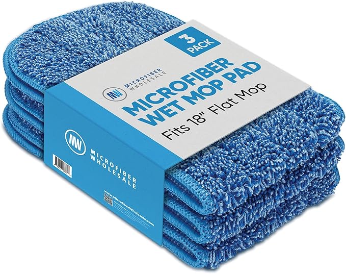 Microfiber Wholesale™ 18 inch Microfiber Mop Pads - Machine Washable, Reusable, Refills & Replacement Wet Mop Heads Compatible with Any Microfiber Flat Mop System (3 Pack)