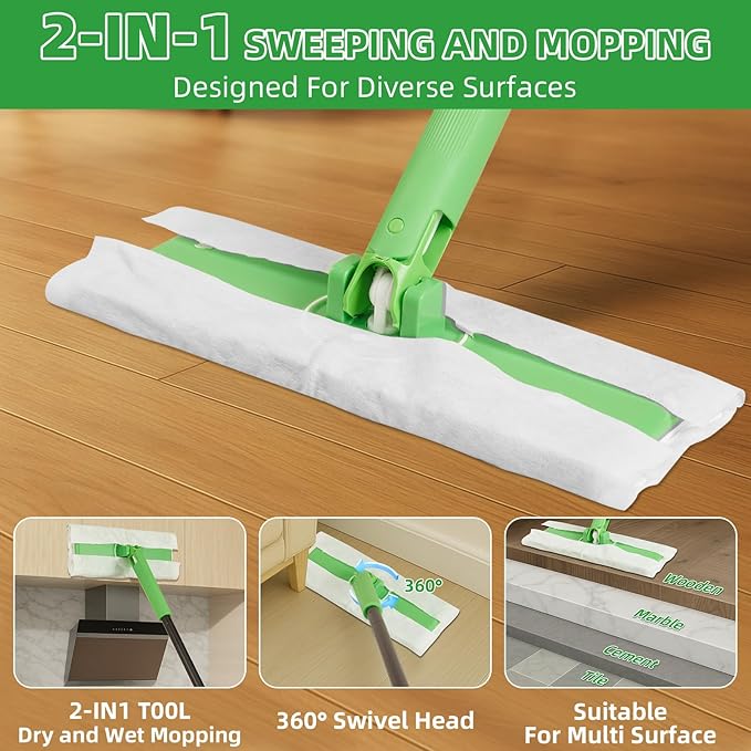 Newly Upgraded 2-in-1 Dry & Wet Sweeper Floor Mopping and Sweeping Kit with 20PCS Sweeping Cloths and 1 Sweeper, Multi-Surface Kit for Floor Cleaning