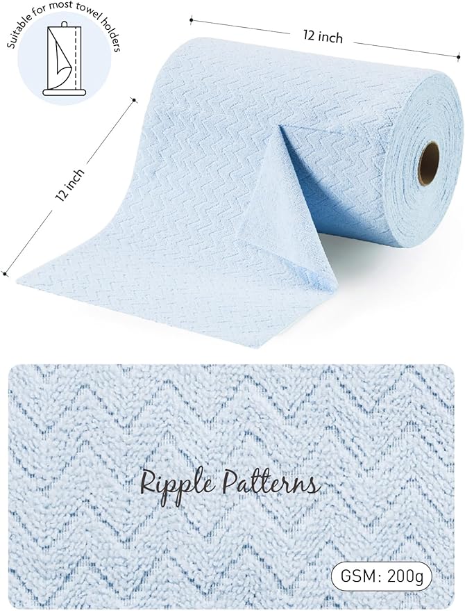 Fantasticlean Microfiber Cleaning Cloth Roll, 12" x 12"- 75 Sheets, Reusable Tear Away Microfiber Towels, Ultra Absorbent Dish Rags for Car, Home or Office (Blue Ripple)
