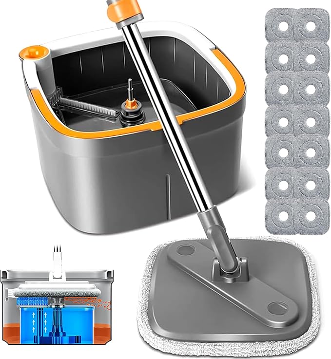 KZKR Spin Mop and Bucket Set with 14 Replaceable Microfiber Mop Pads with Self Separation Dirty and Clean Water System, Self Wringing 360° Rotating Square Mop Head for Hardwood Tile Marble Floors
