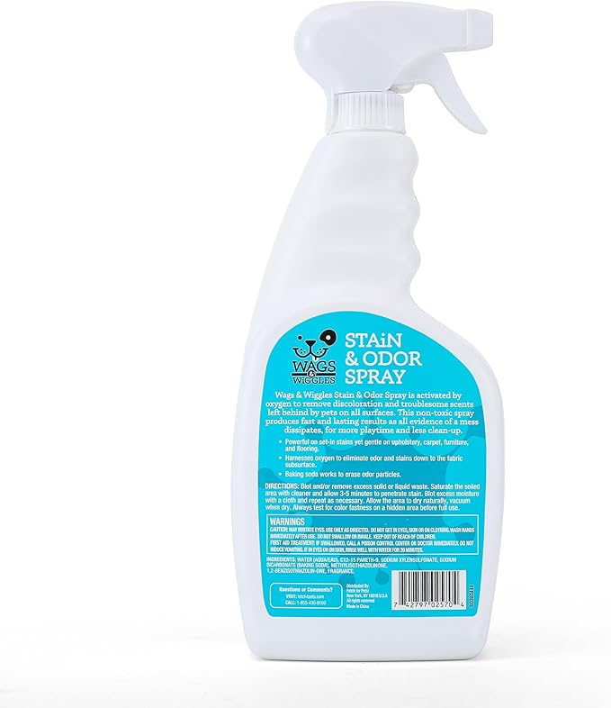 Wags & Wiggles Stain & Odor Spray, 32oz - Pet Carpet Cleaner for Stains, Oxygen-Powered Cleaner for Dog & Cat Urine, Carpet Stain Remover & Deodorizer with Clean Scent, Pet Odor Eliminator for Home