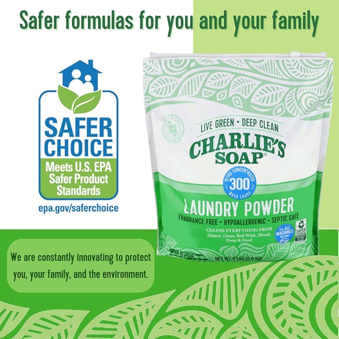 Charlie's Soap Hypoallergenic Laundry Powder 8lb Bag, Pack of 2, 600 Loads Total, Deep Cleaning Washing Detergent – Eco-Friendly, Safe, and Effective