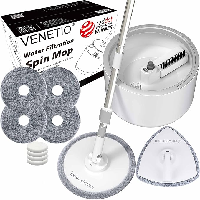 Innowellclean Spin Mop and Bucket Set with Self-Cleaning, Dry, Wet 3-In-1 Water Filtration System | Microfiber Mop for Floor Cleaning - Home & Kitchen Hardwood, Laminate, Tile (5 Pads & Triangle Head)