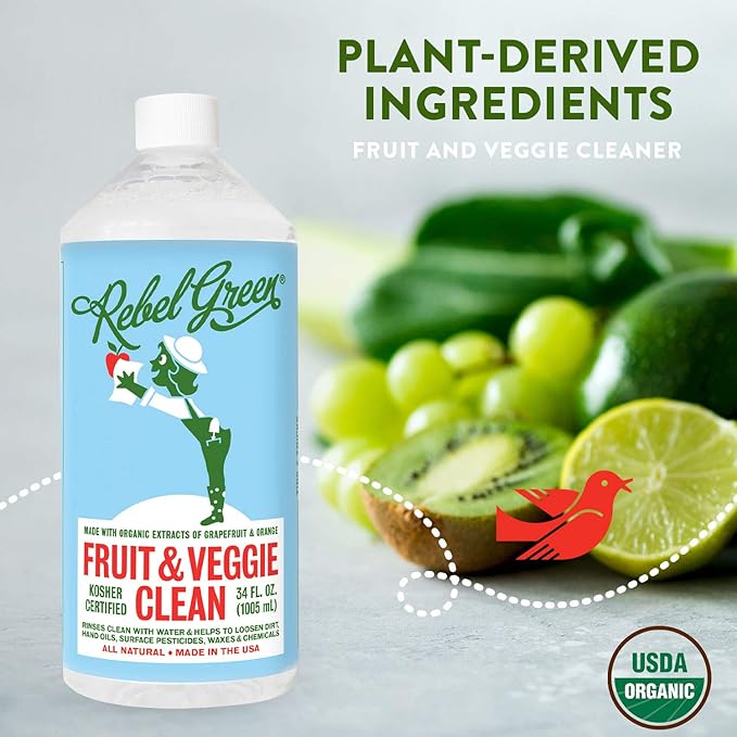 Rebel Green Fruit & Veggie Wash - Natural Produce Wash - Plant-Based, Sustainable Fruit and Vegetable Wash with No Aftertaste (32oz Refill Bottle)