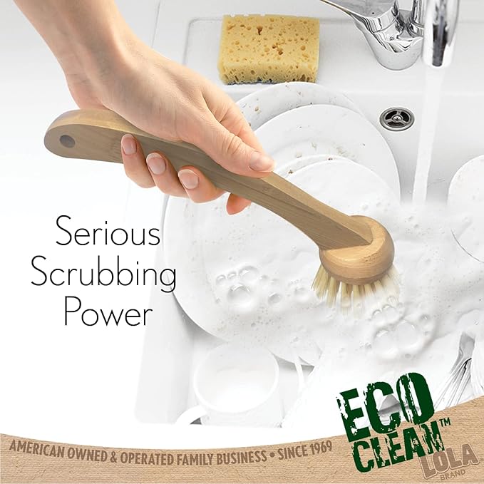 Lola Products Eco Clean Bamboo Dish Brush, Multi Purpose, Sustainable Ergonomic Renewable Bamboo Handle, Fibers are Recycled Soda/Water Bottles - 6 CT