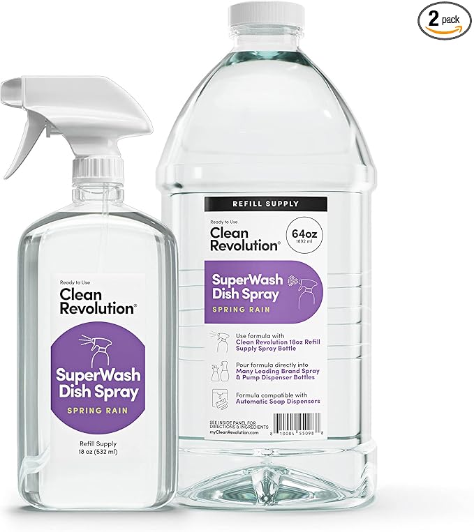 Clean Revolution SuperWash Dish Spray | Starter Kit | Includes 18oz Refillable Trigger Spray Bottle + 64oz Refill Supply | 82oz Total | Compatible with Dawn Powerwash Sprayers | Spring Rain Fragrance