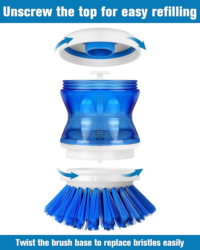Dish Scrubber with Soap Dispenser for Dishes Pot Pan Kitchen Sink Cleaning, Blue 2Pcs with 2 Refills