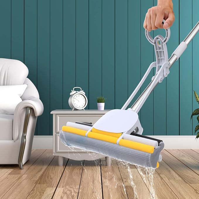 PVA Sponge Mops 60" Long Handle 15" Head with 2 Pads Sponge Mops for Floor Cleaning Squeeze with Wringer
