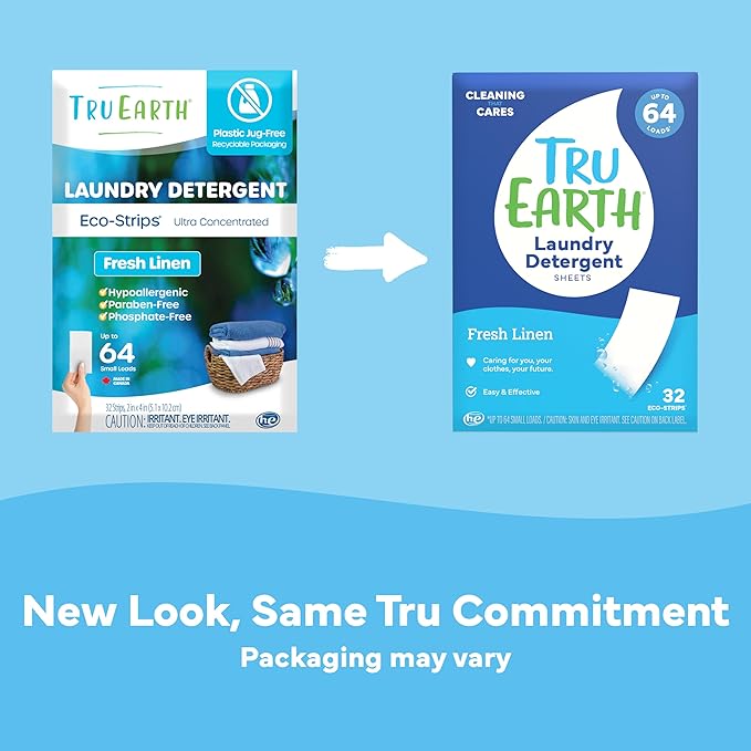 Tru Earth Compact Dry Laundry Detergent Sheets (Made in Canada) - Up to 64 Loads (32 Sheets) - Paraben-Free - Original Eco-Strip Liquidless Laundry Detergent, Travel Laundry Sheets - Fresh Linen