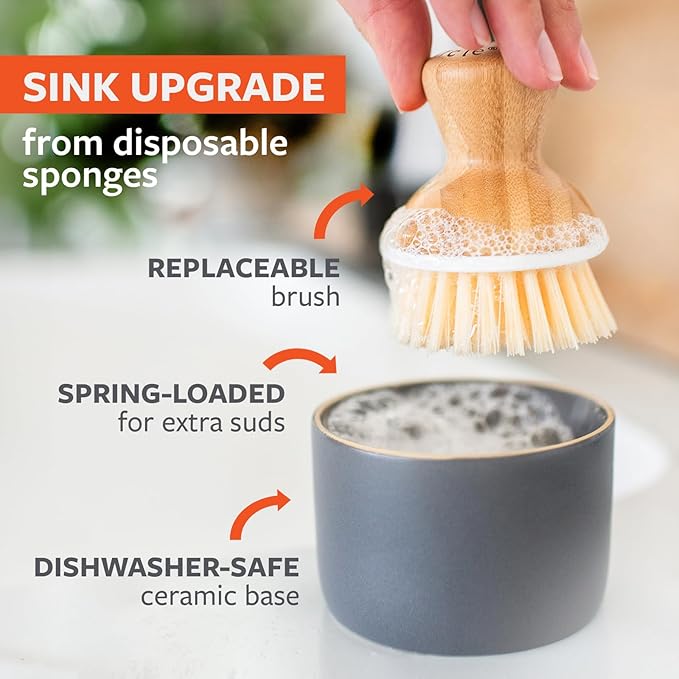 Full Circle Bubble Up -Bamboo Dish Brush & Ceramic Soap Dispenser -Scrub Set for Dishes, Nonstick and Cast Iron -Kitchen Cleaning Tool with Natural Bamboo Handle,White