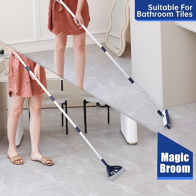 Magic Air Broom with V-Shape Brush, 2 in 1 180° Adjustable Silicone Broom for Floor Cleaning, 60” Long Handle Squeegee Sets to Clean pet Hair, Ketchup, Glass Shards (Blue)