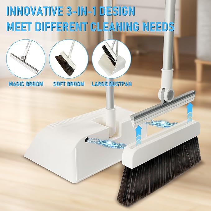 3-in-1 Magnetic Broom and Dustpan Set: 180° Rotatable Silicone Broom, Large Capacity Dustpan with Self-Cleaning Teeth, Upright Stand Up for Home, Office, Lobby, and Pet Hair Cleaning