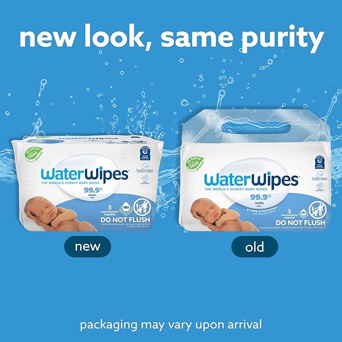 WaterWipes Plastic-Free Original Baby Wipes, 99.9% Water Based Wipes, Unscented & Hypoallergenic for Sensitive Skin, 180 Count (3 packs), Packaging May Vary