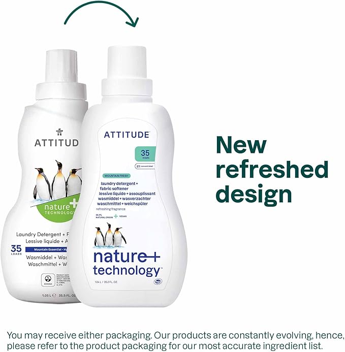ATTITUDE 2-in-1 Laundry Detergent and Fabric Softener, Plant and Mineral-Based Ingredients, HE, Vegan and Cruelty-Free Household Products, Mountain Essentials, 35 Loads, 35.5 Fl Oz