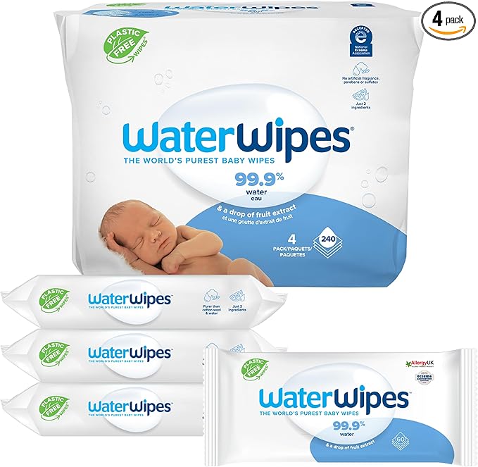 WaterWipes Original Baby Wipes, 99.9% Water-Based Wipes, Unscented & Hypoallergenic for Sensitive Skin, 240 Count (4 Packs), Packaging May Vary