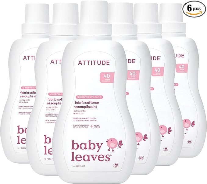 ATTITUDE Baby Fabric Softener, Plant and Mineral-Based Ingredients, HE Compatible, Vegan and Cruelty-free Laundry and Household Products, Unscented, 40 Loads, 33.8 Fl Oz (Pack of 6)