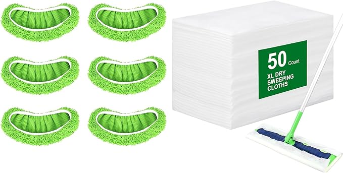 50 Count Disposable XL Dry Sweeping Cloths + 6 Pack Reusable Microfiber Mop Pads for Swiffer Sweeper XL Mop (Mop is not Included)