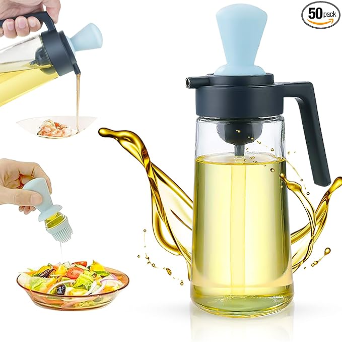 ALKAMI 3in1 Oil Dispenser Bottle With Silicone Basting Brush - Durable Glass Dispenser For Marinating, Dressing, Batter, Syrup - Food-Grade Container - Easy Pouring, Prevents Spills - (Blue - 550ml)