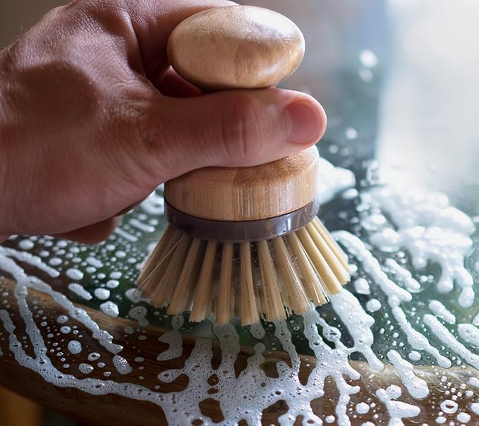 Mini Scrub Brush, Made of Sustainable Bamboo and Recycled Plastic, Scrub Pots, Pans, Vegetables, and More, Pack of 2