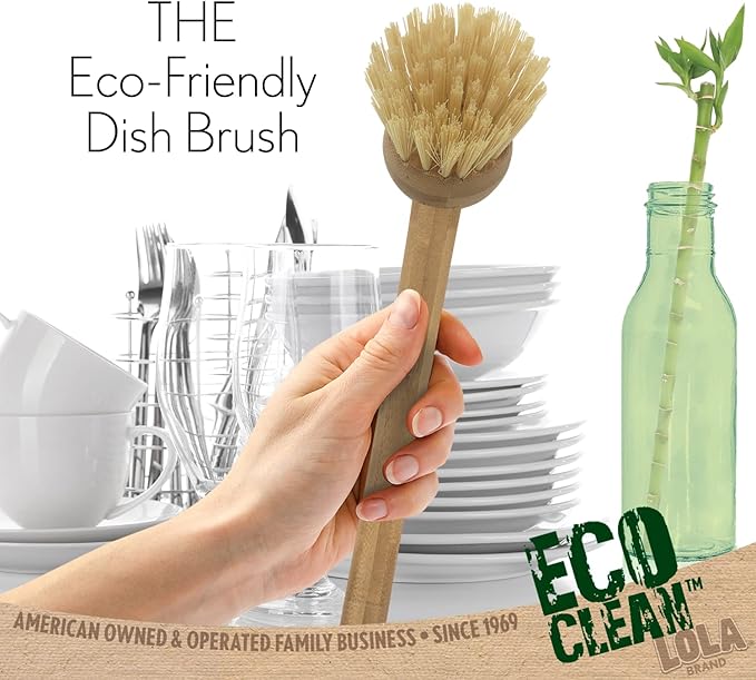 Lola Products Eco Clean Bamboo Dish Brush, Multi Purpose, Sustainable Ergonomic Renewable Bamboo Handle, Fibers are Recycled Soda/Water Bottles - 6 CT
