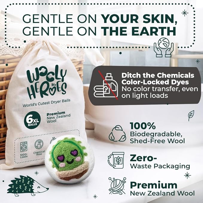 No More Dryer Sheets - Wool Dryer Balls - XL 6-Pack - Eco Dryer Balls - Dryer Balls Laundry Reusable - Softens Laundry Naturally - Reduces Drying Time & Static - with Storage Bag