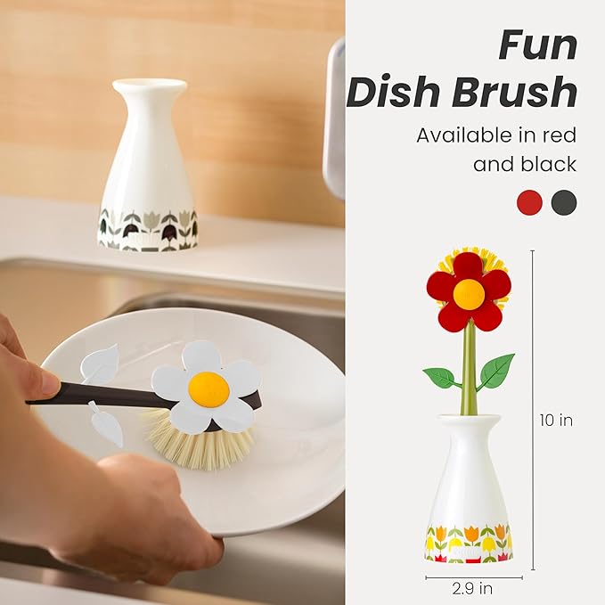 Vigar Flower Power Dish Brush with Vase Brush Holder, Dish Brush with Handle for Pot Scrubber, Dishes, Sink, and Kitchen Essentials, White, Black