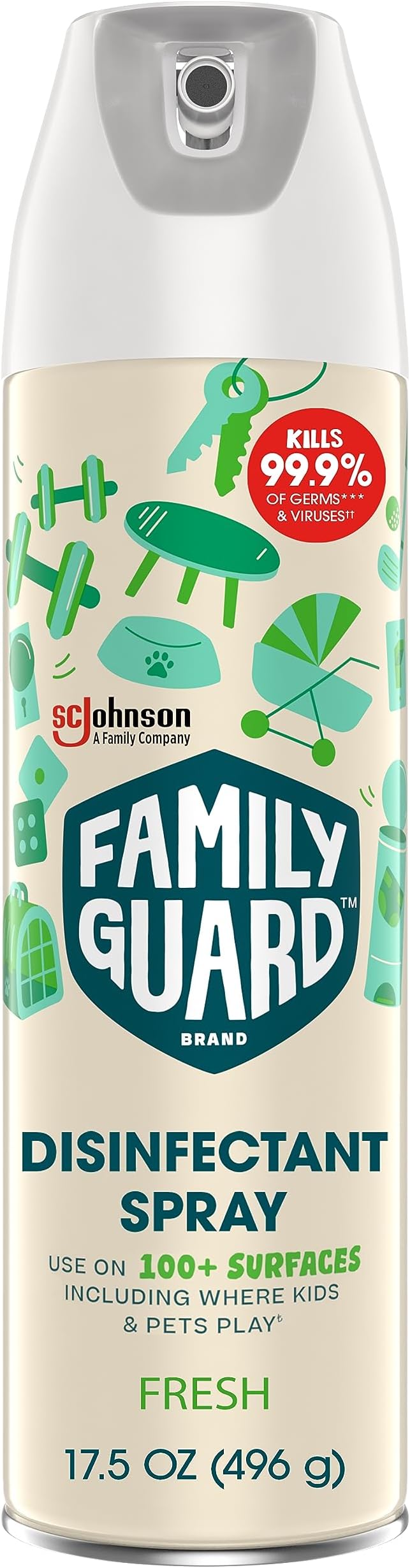 FamilyGuard Disinfectant Spray Aerosol, Antibacterial & Sanitizing Spray, Use on 100+ surfaces including where kids & pets play, Fresh Scent, 17.5 oz (Pack of 1)