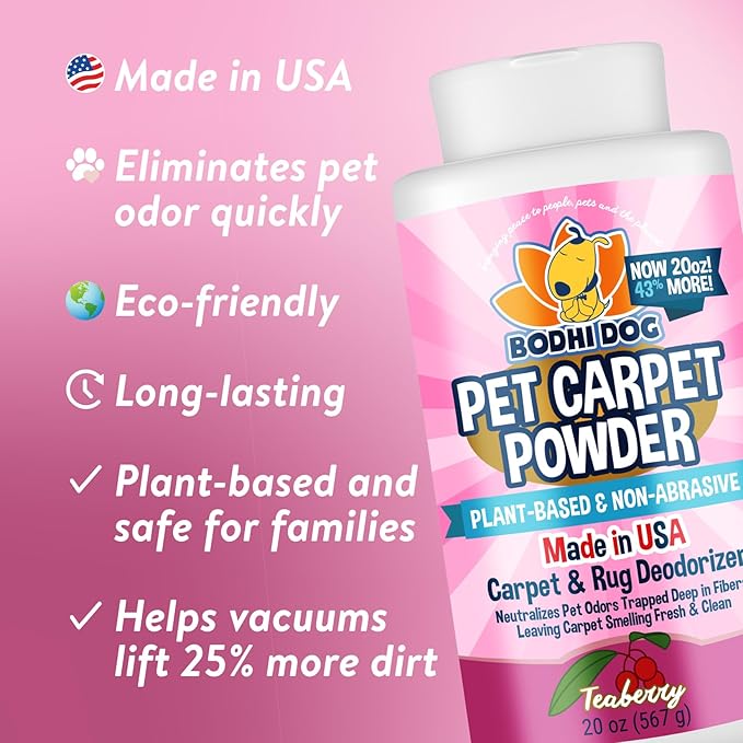 Bodhi Dog Natural Carpet Powder - Dry Pet Smell Eliminator & Urine Odor Remover - Loosens Fur & Dirt - Plant-Based and Biodegradable Room Freshener for Home with Pets - Teaberry (Pack of 1)