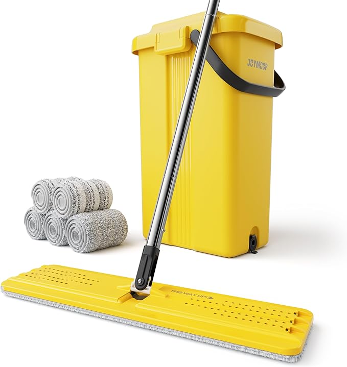 JOYMOOP Heavy Duty Commercial Mops for Floor Cleaning, Wet Dry Mop and Bucket Set with Large Capacity Yellow Bucket, Includes 5 Reusable 17-Inch Microfiber Pads